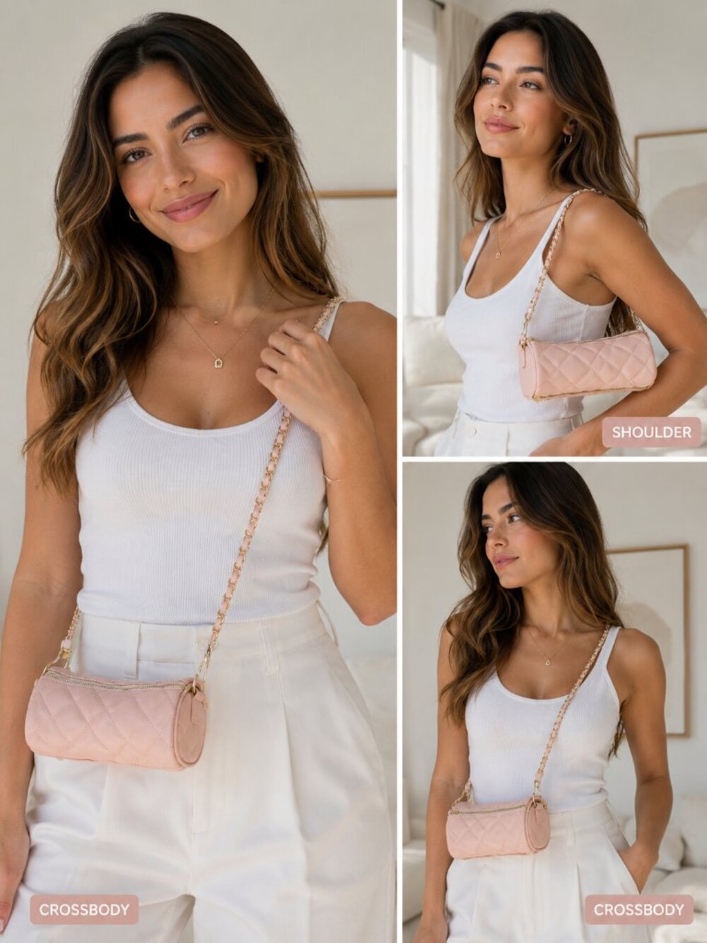 Pink Quilted Satchel Bag Gold Chain Strap Faux Leather Crossbody Purse
